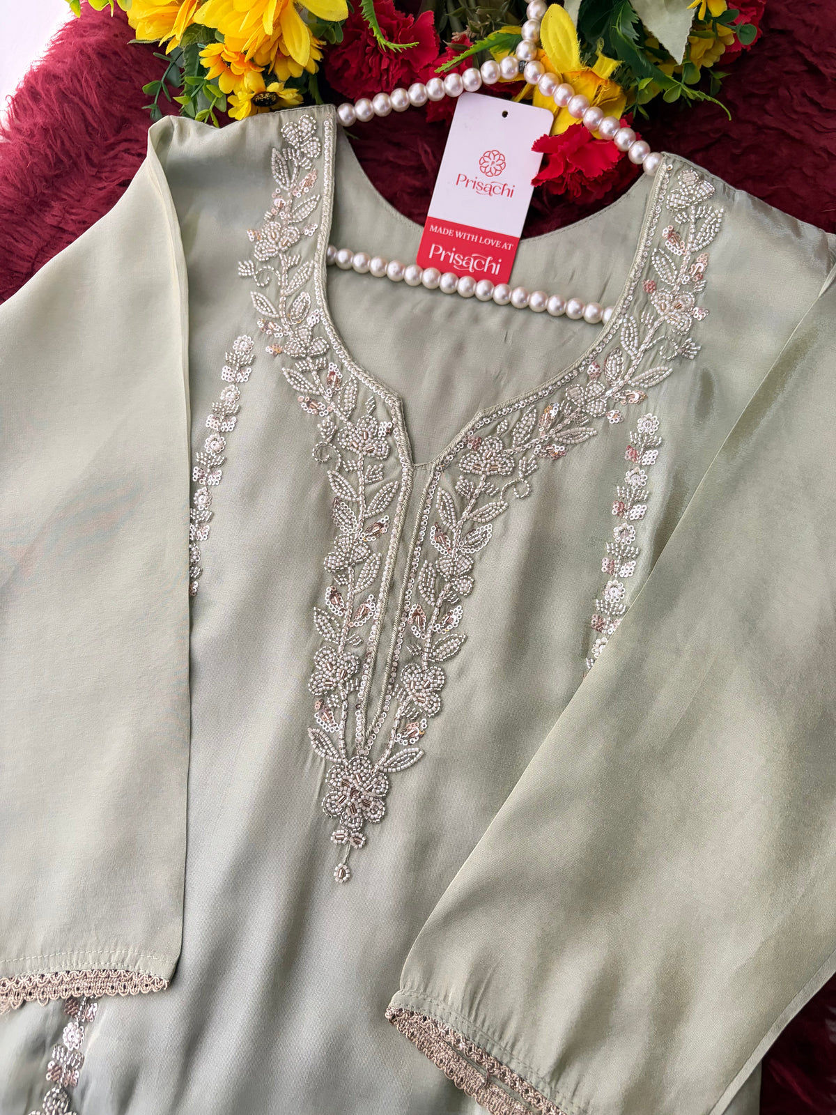 Sage Green Embroidered Kurta Set with Wide-Leg Pants & Dupatta | Festive & Party Wear Ethnic Sharara Set