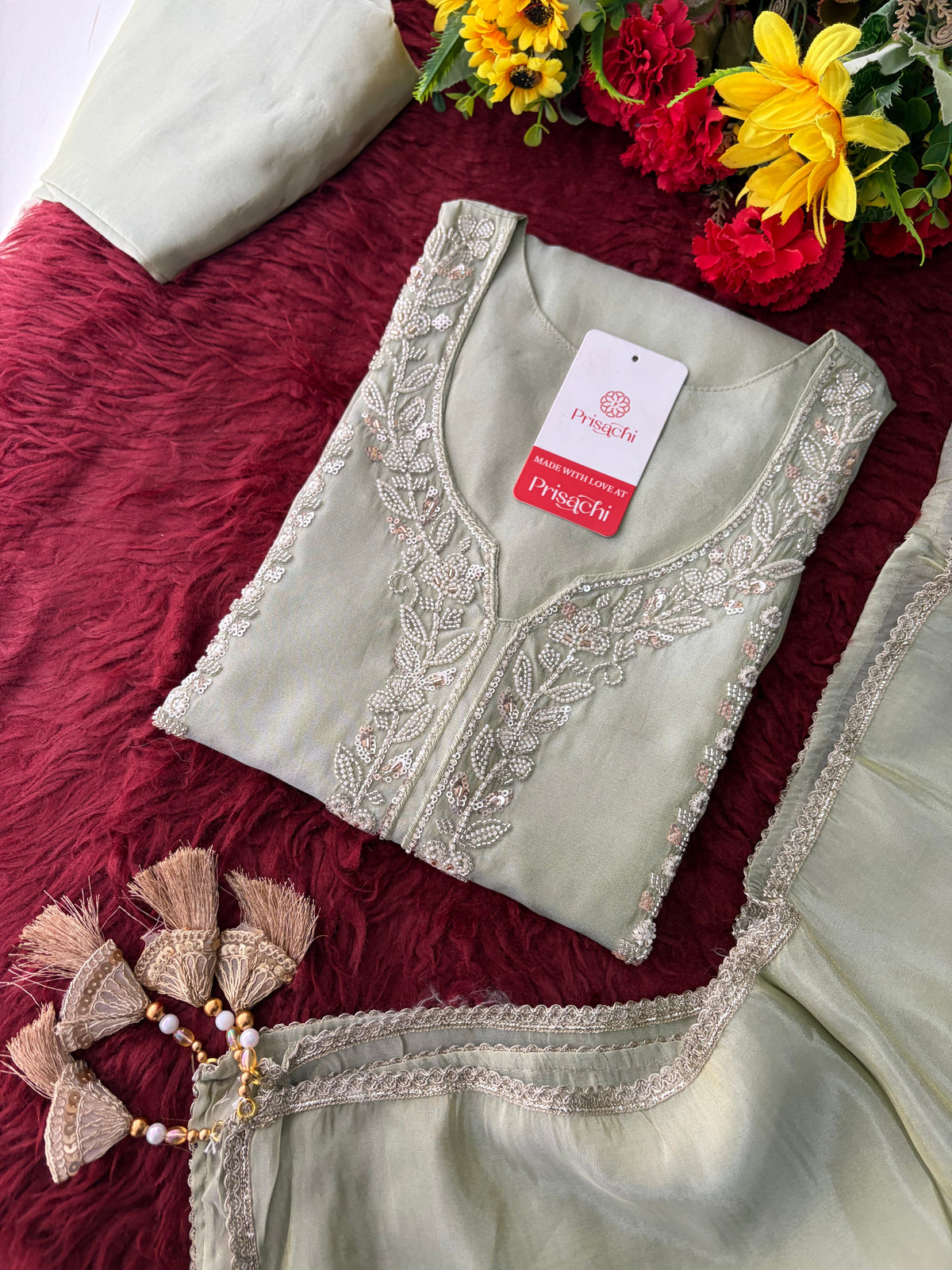 Sage Green Embroidered Kurta Set with Wide-Leg Pants & Dupatta | Festive & Party Wear Ethnic Sharara Set