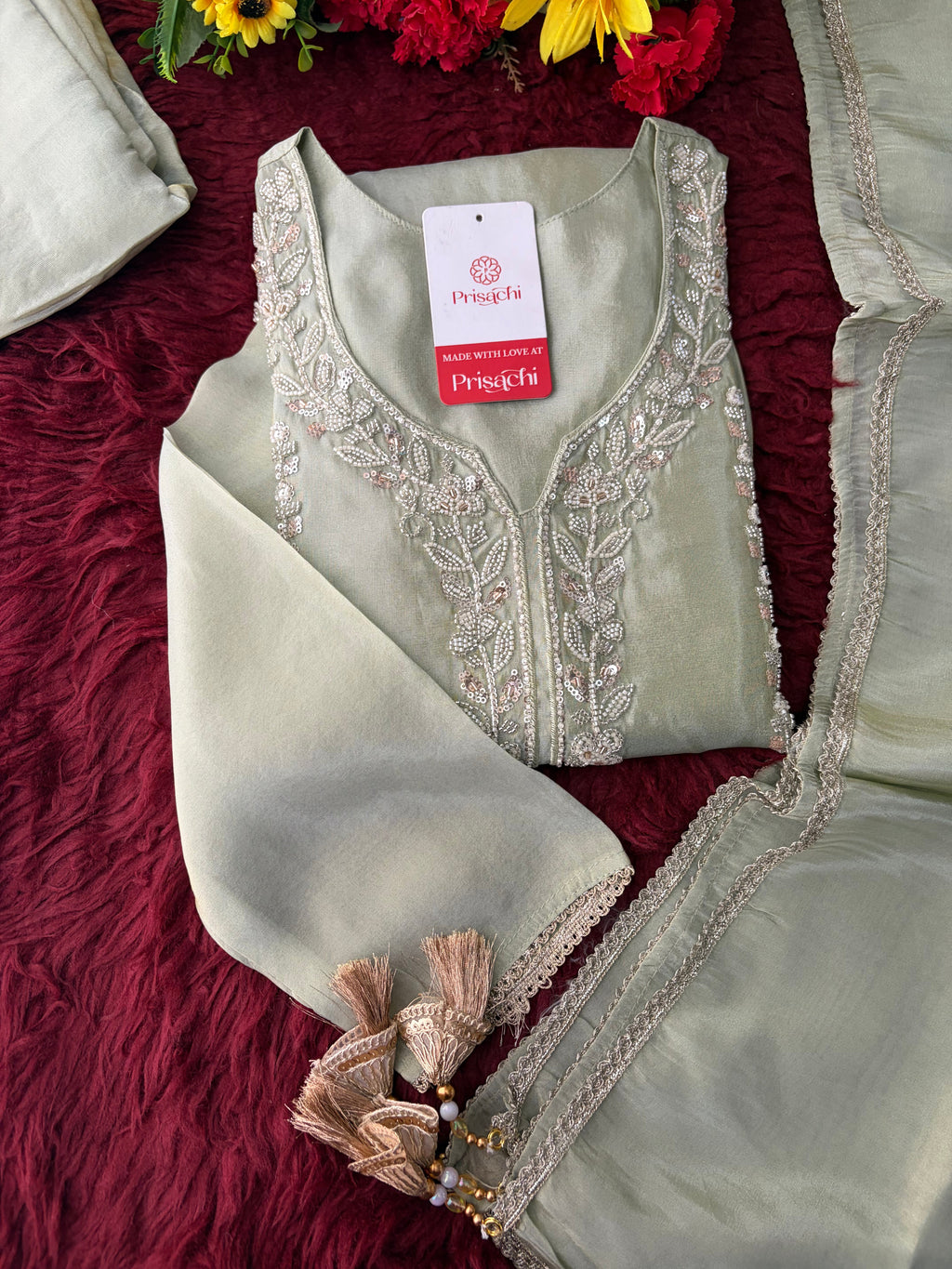 Sage Green Embroidered Kurta Set with Wide-Leg Pants & Dupatta | Festive & Party Wear Ethnic Sharara Set