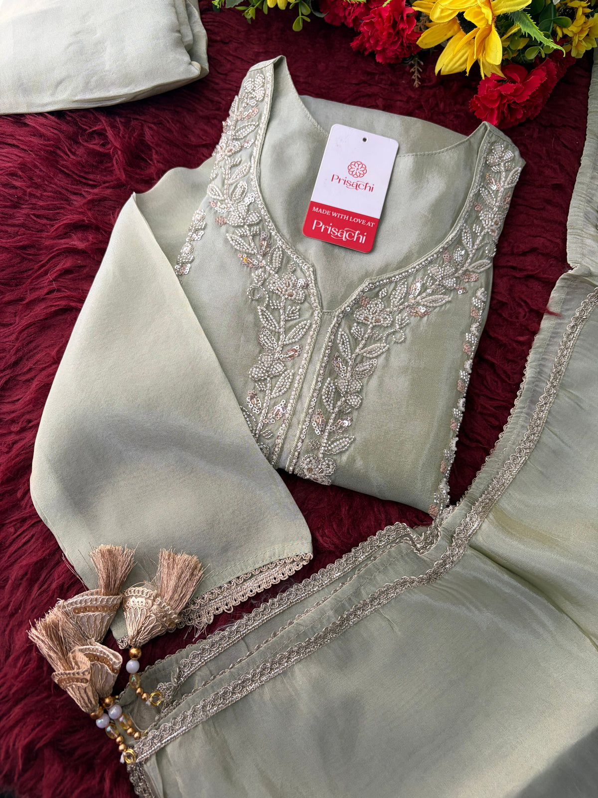 Sage Green Embroidered Kurta Set with Wide-Leg Pants & Dupatta | Festive & Party Wear Ethnic Sharara Set