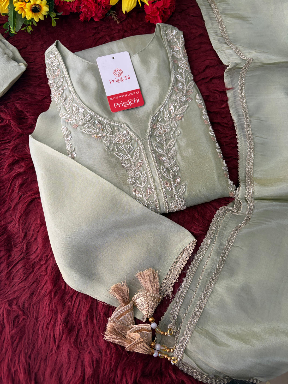 Sage Green Embroidered Kurta Set with Wide-Leg Pants & Dupatta | Festive & Party Wear Ethnic Sharara Set