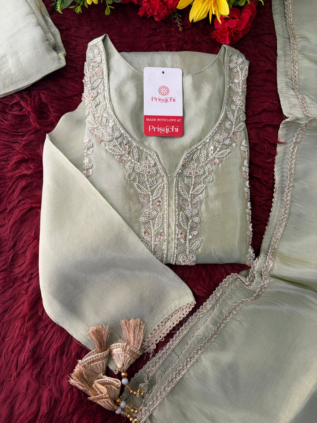 Sage Green Embroidered Kurta Set with Wide-Leg Pants & Dupatta | Festive & Party Wear Ethnic Sharara Set