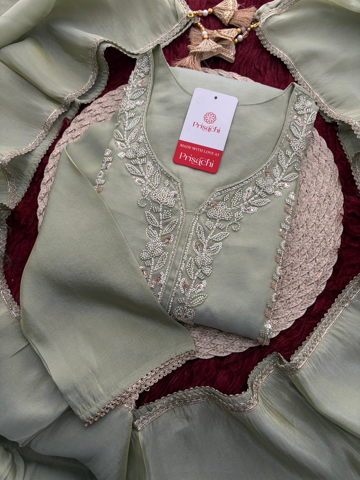 Sage Green Embroidered Kurta Set with Wide-Leg Pants & Dupatta | Festive & Party Wear Ethnic Sharara Set