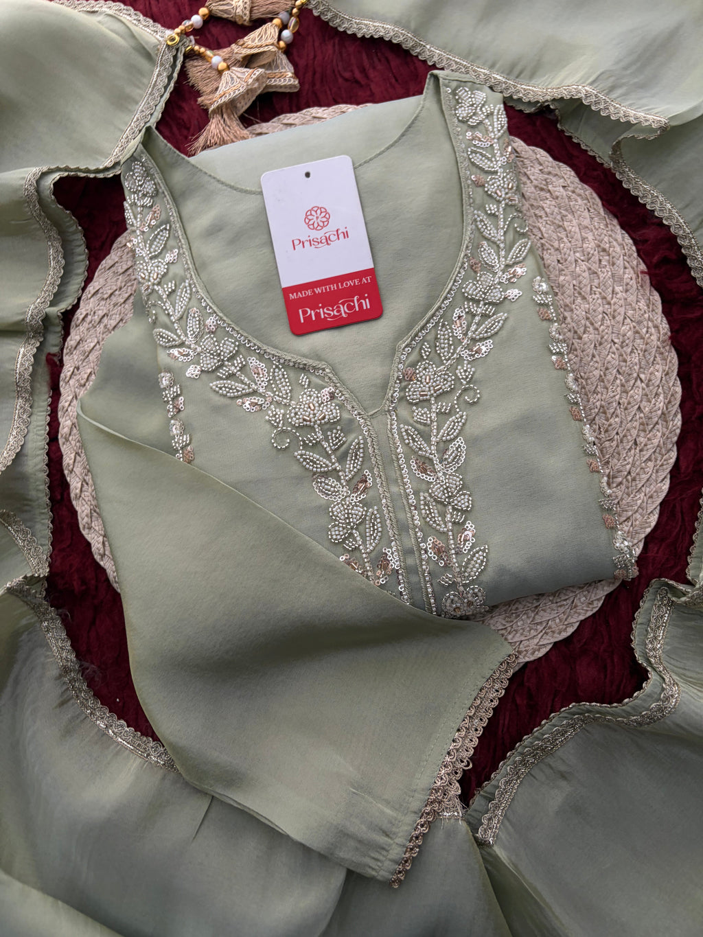 Sage Green Embroidered Kurta Set with Wide-Leg Pants & Dupatta | Festive & Party Wear Ethnic Sharara Set
