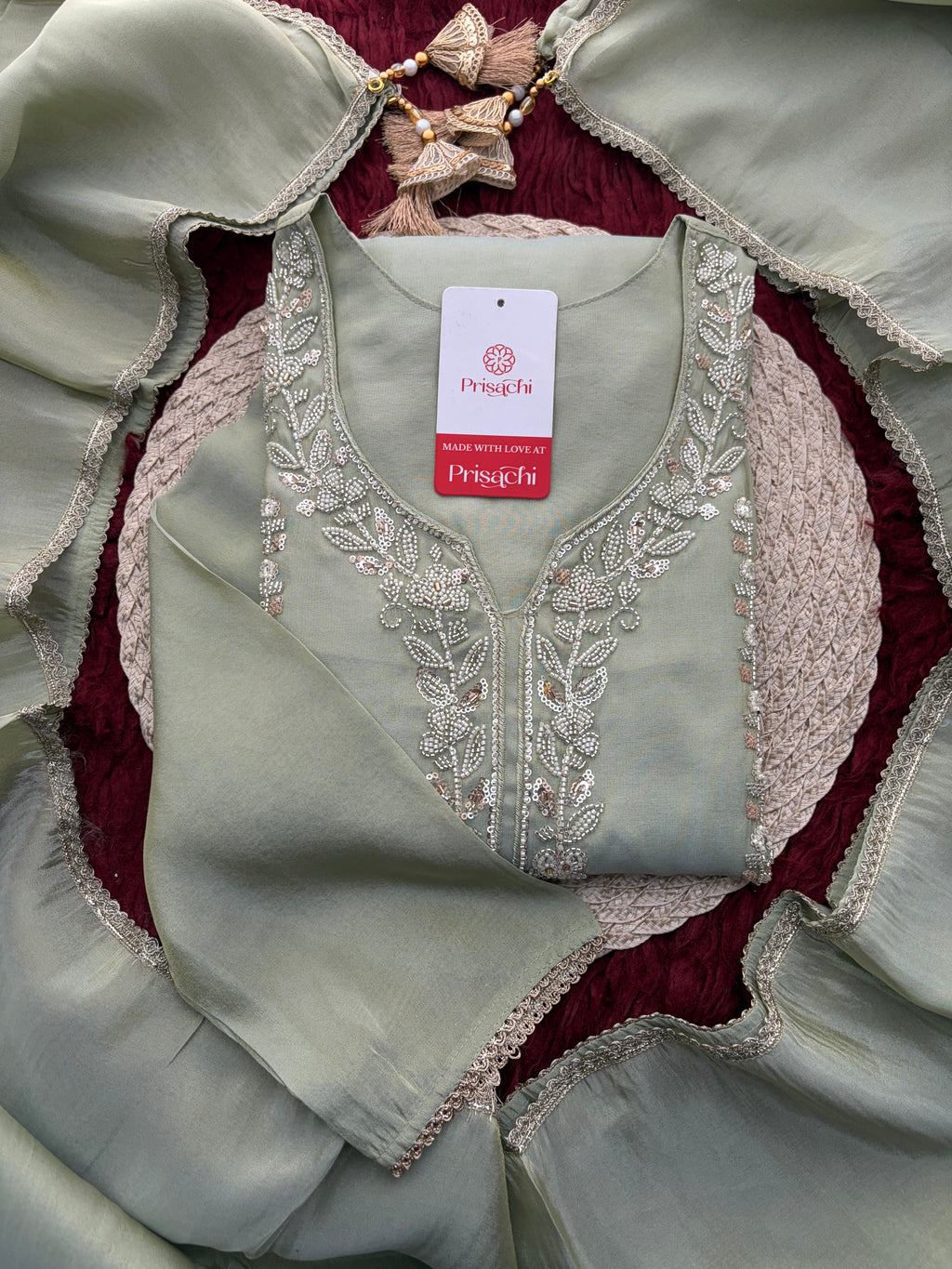 Sage Green Embroidered Kurta Set with Wide-Leg Pants & Dupatta | Festive & Party Wear Ethnic Sharara Set