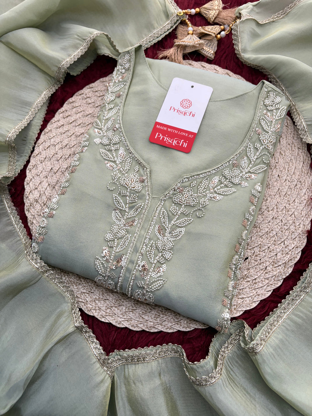 Sage Green Embroidered Kurta Set with Wide-Leg Pants & Dupatta | Festive & Party Wear Ethnic Sharara Set