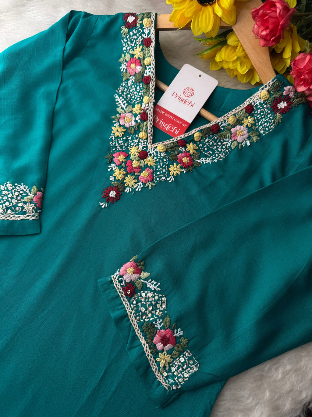 Green Thread Embroidered Kurti Pant Co-ord Set | Ethnic Office & Daily Wear