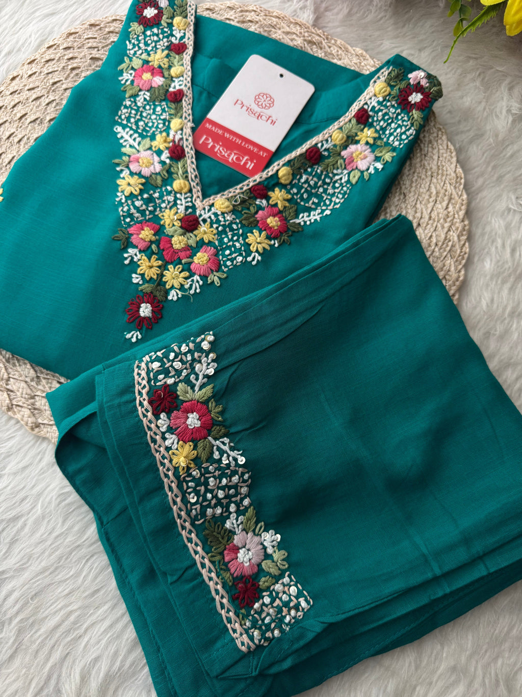 Green Thread Embroidered Kurti Pant Co-ord Set | Ethnic Office & Daily Wear