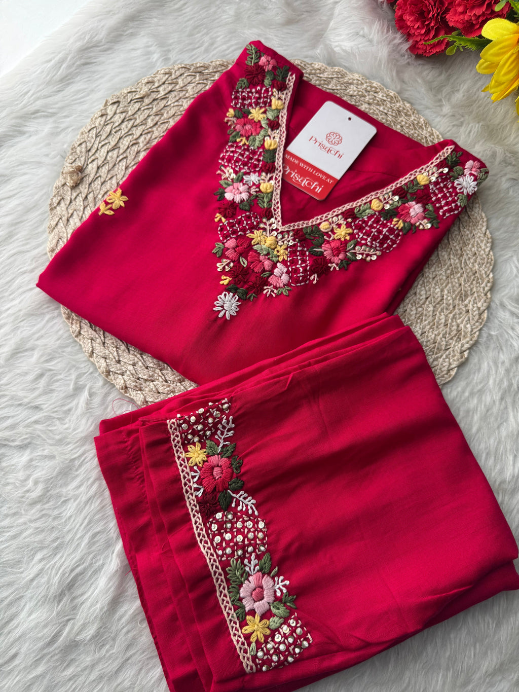 Dark Pink Thread Embroidered Kurti Pant Co-ord Set | Ethnic Office & Daily Wear