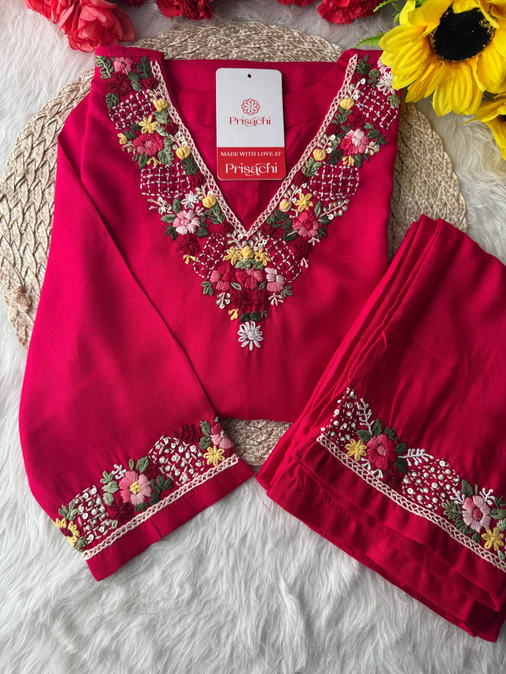 Dark Pink Thread Embroidered Kurti Pant Co-ord Set | Ethnic Office & Daily Wear