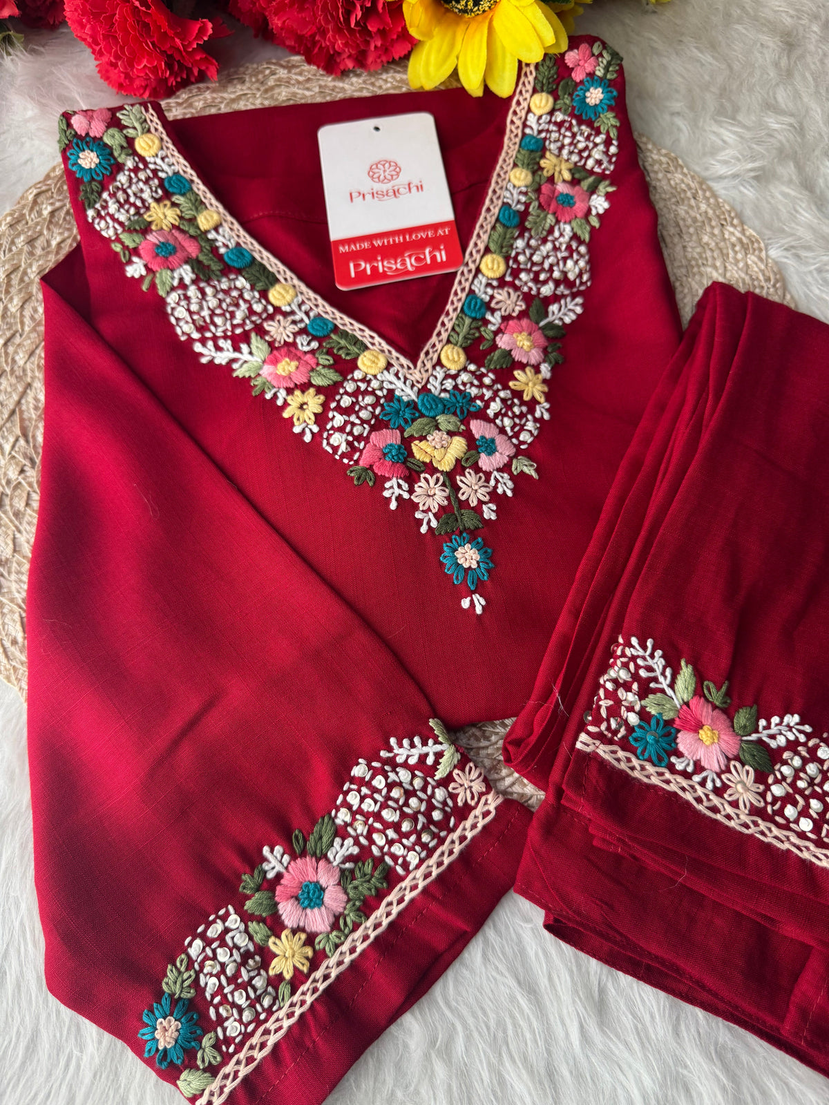 Maroon Thread Embroidered Kurti Pant Co-ord Set | Ethnic Office & Daily Wear