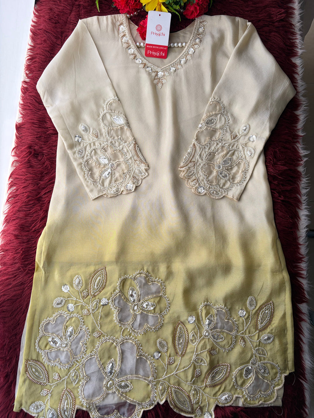 Elegant Gradient Off-White Embroidered Kurta Set with Palazzo Pant | Ethnic Co-Ord Set Party & Daily wear