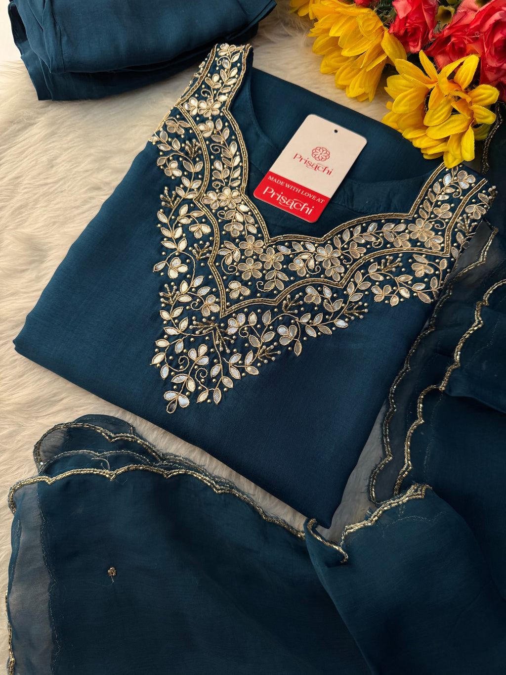 Navy Blue Embroidered Ethnic Kurta Set with Pants & Dupatta