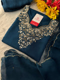Navy Blue Embroidered Ethnic Kurta Set with Pants & Dupatta