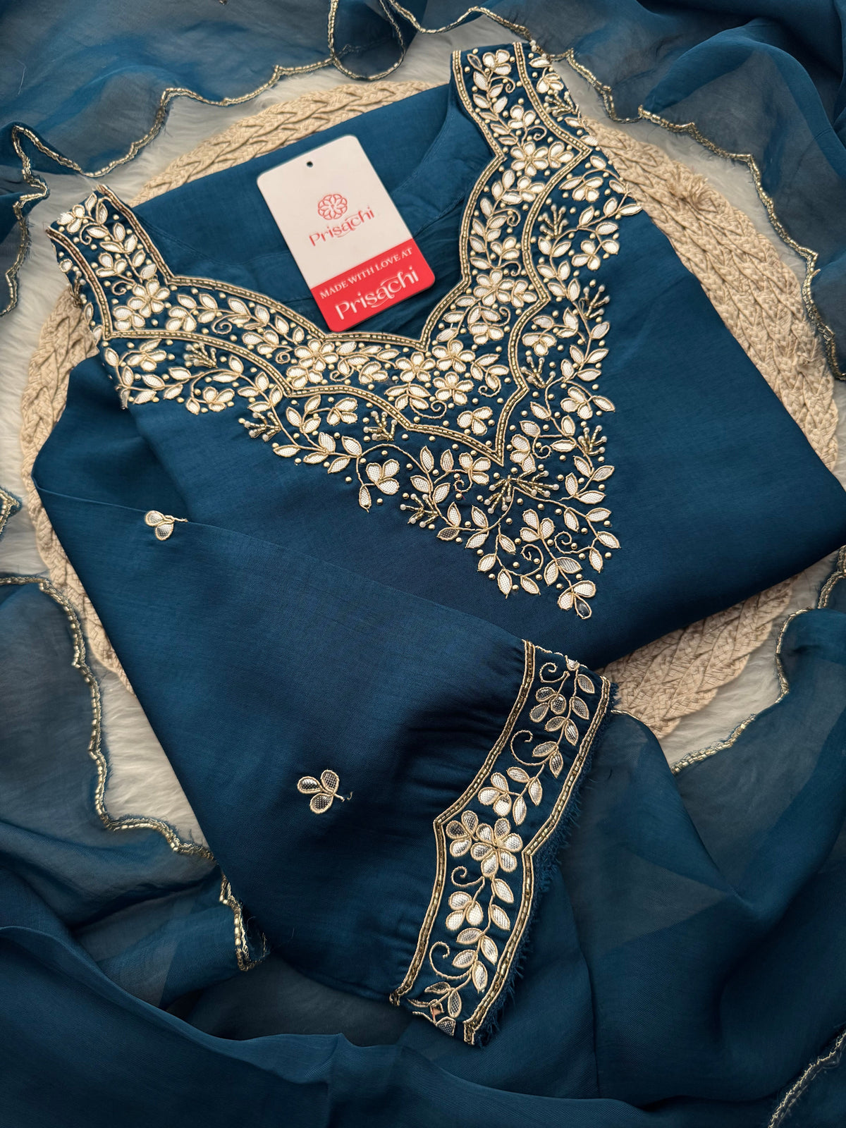 Navy Blue Embroidered Ethnic Kurta Set with Pants & Dupatta