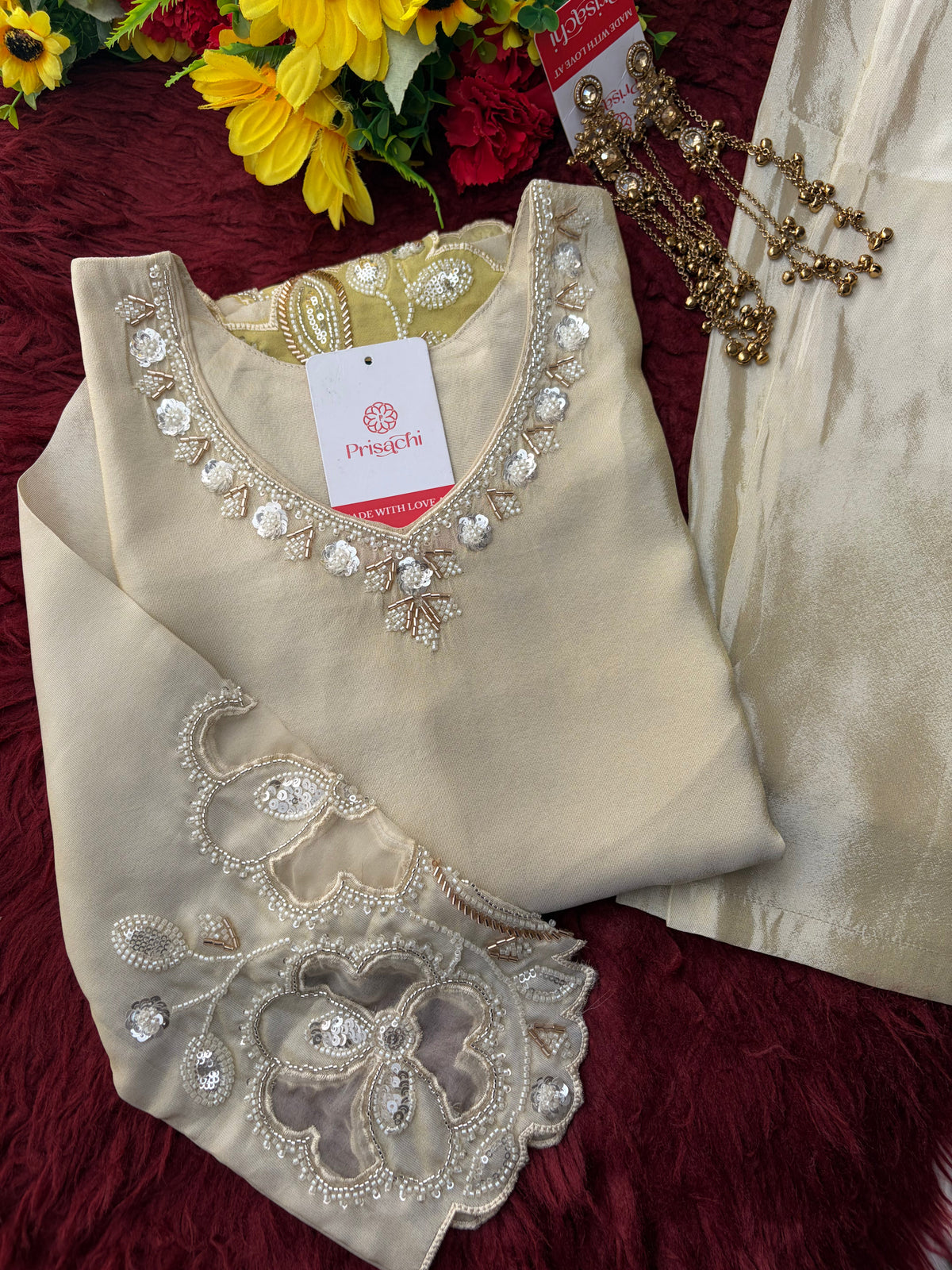 Elegant Gradient Off-White Embroidered Kurta Set with Palazzo Pant | Ethnic Co-Ord Set Party & Daily wear