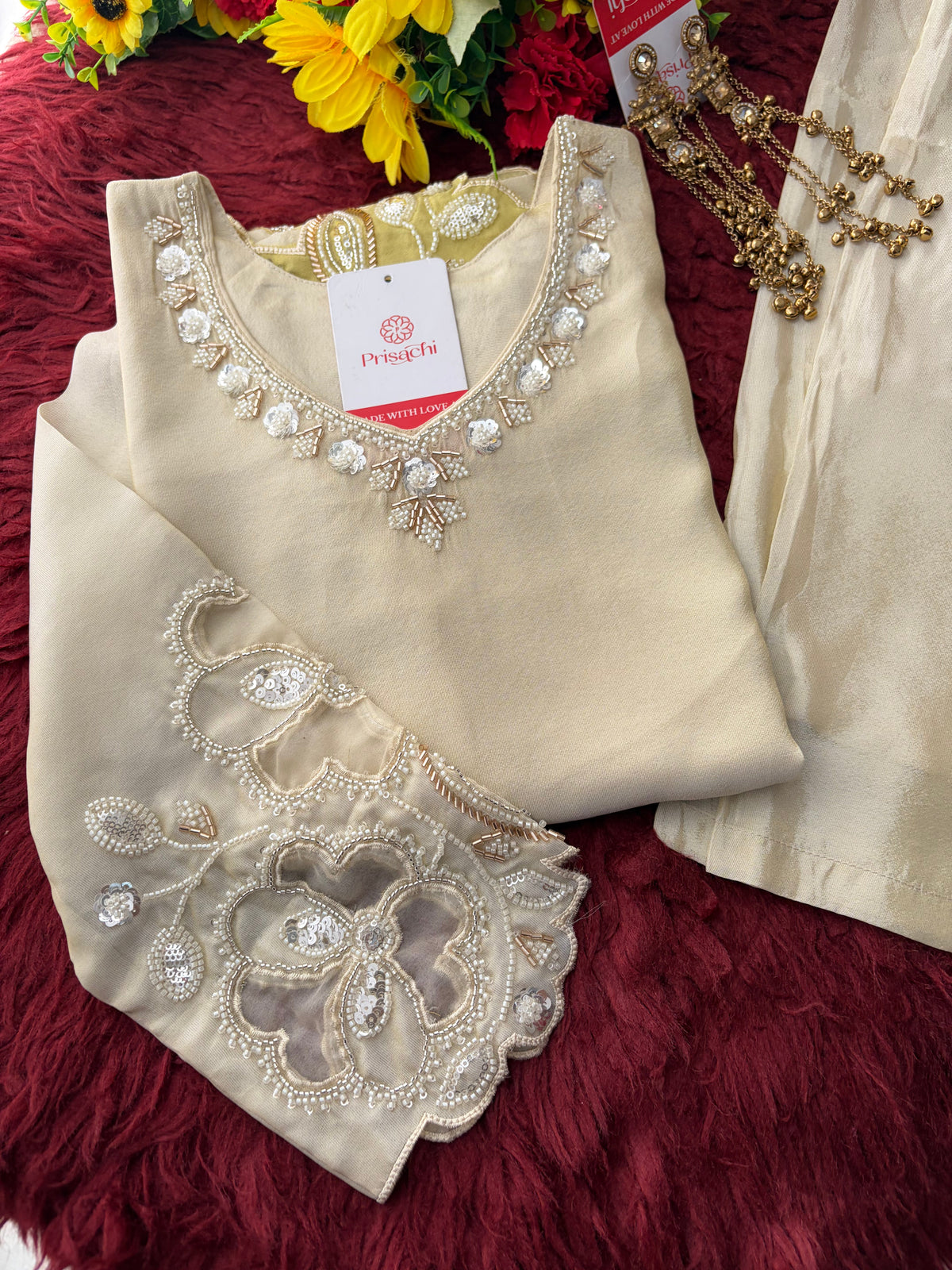Elegant Gradient Off-White Embroidered Kurta Set with Palazzo Pant | Ethnic Co-Ord Set Party & Daily wear