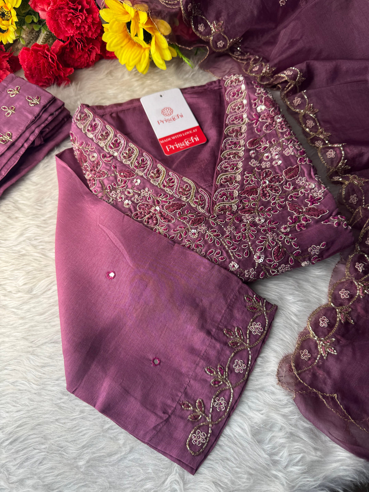 Mauve Embroidered Ethnic Kurta Set with Pants & Dupatta