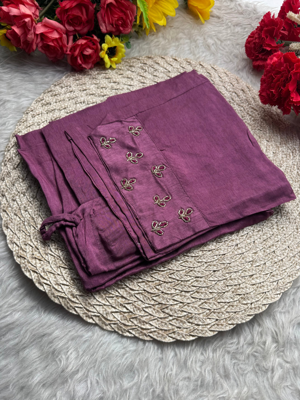 Mauve Embroidered Ethnic Kurta Set with Pants & Dupatta