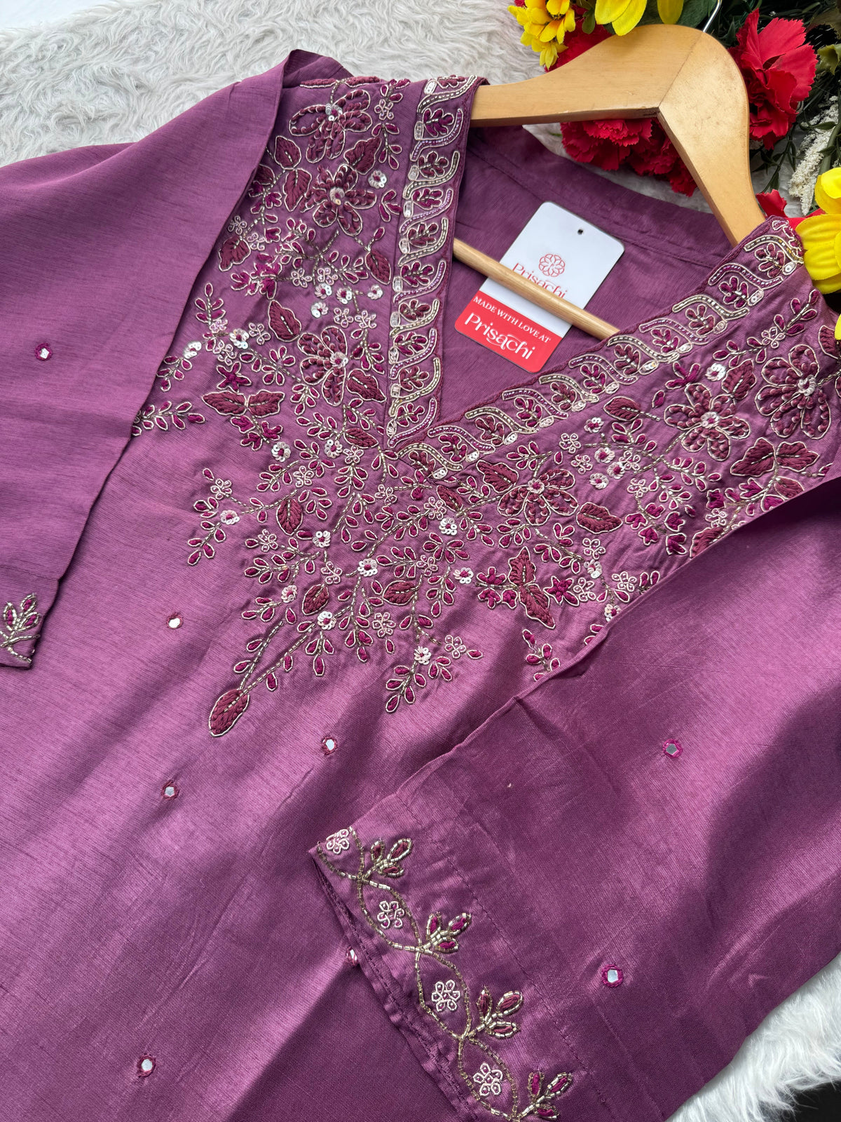 Mauve Embroidered Ethnic Kurta Set with Pants & Dupatta