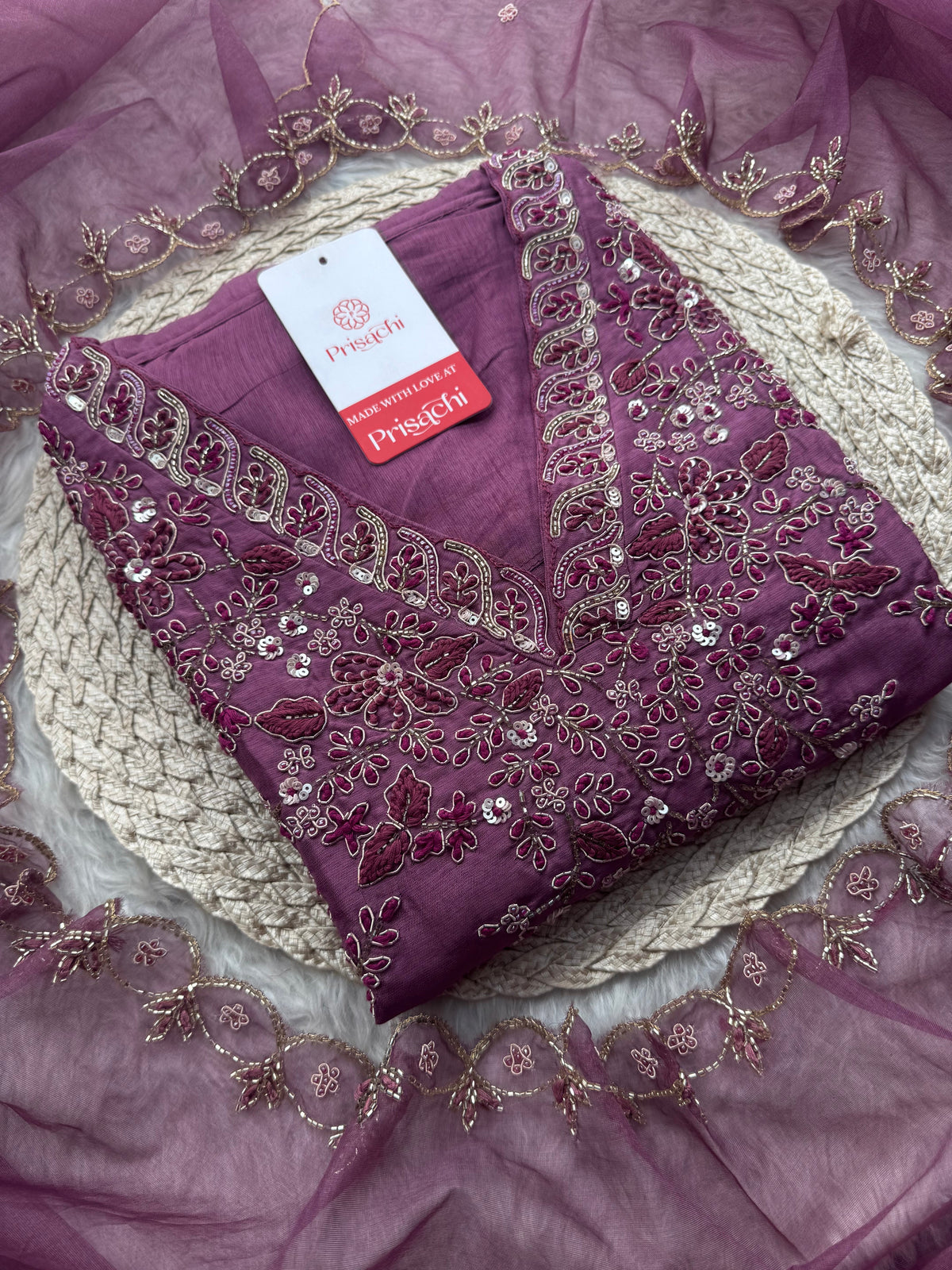 Mauve Embroidered Ethnic Kurta Set with Pants & Dupatta