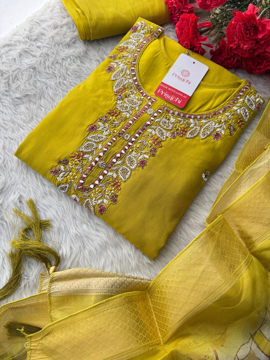 Mustard Yellow Embroidered Ethnic Kurta Set with Pants & Dupatta