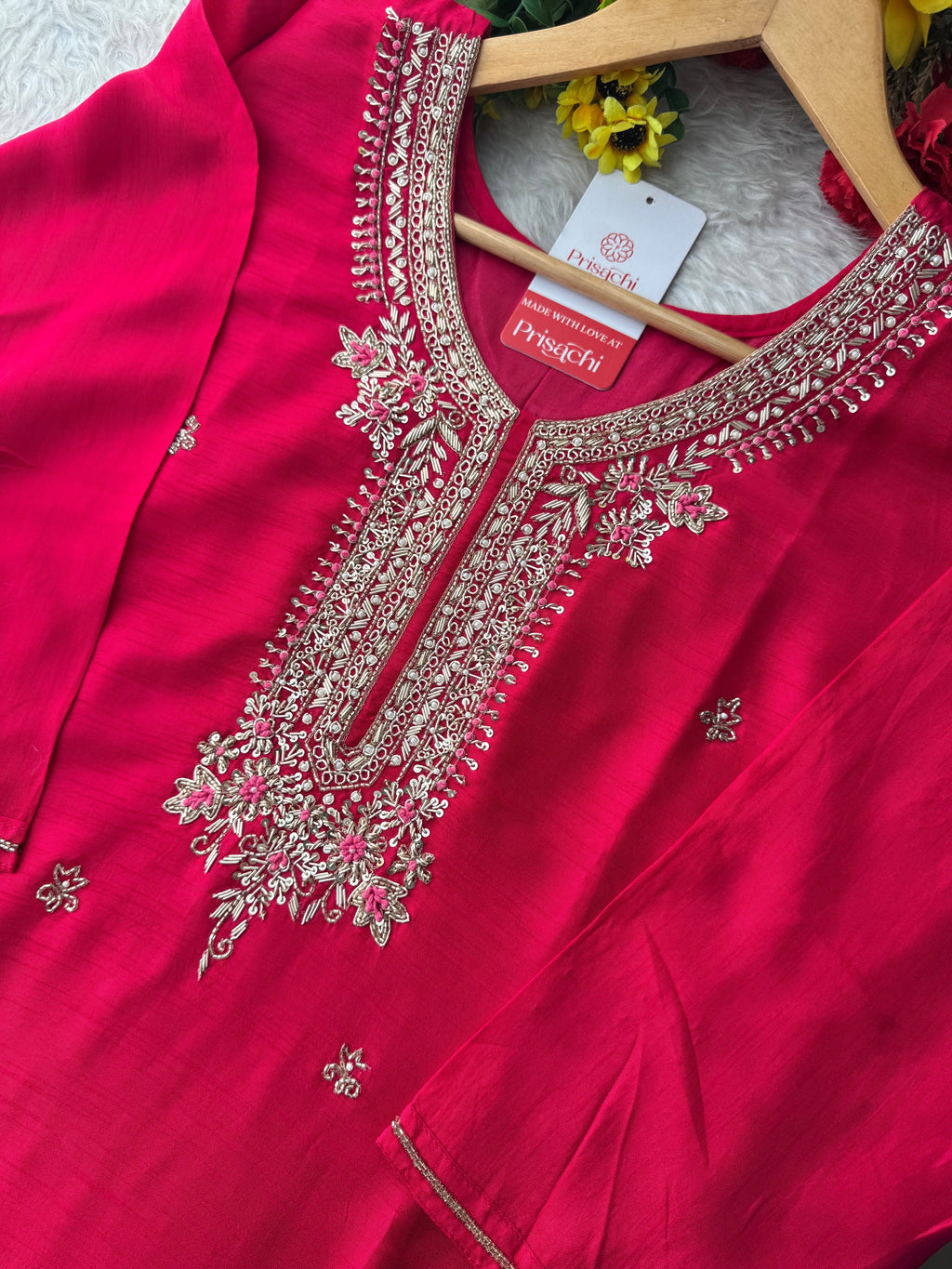Pink Embroidered Ethnic Kurta Set for Women with Banarasi Dupatta & Pants