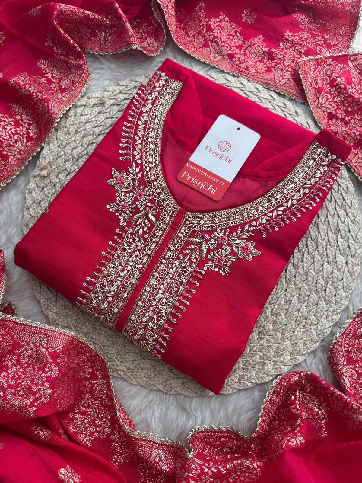 Pink Embroidered Ethnic Kurta Set for Women with Banarasi Dupatta & Pants