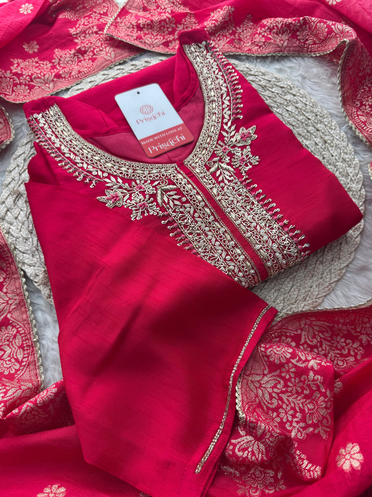 Pink Embroidered Ethnic Kurta Set for Women with Banarasi Dupatta & Pants