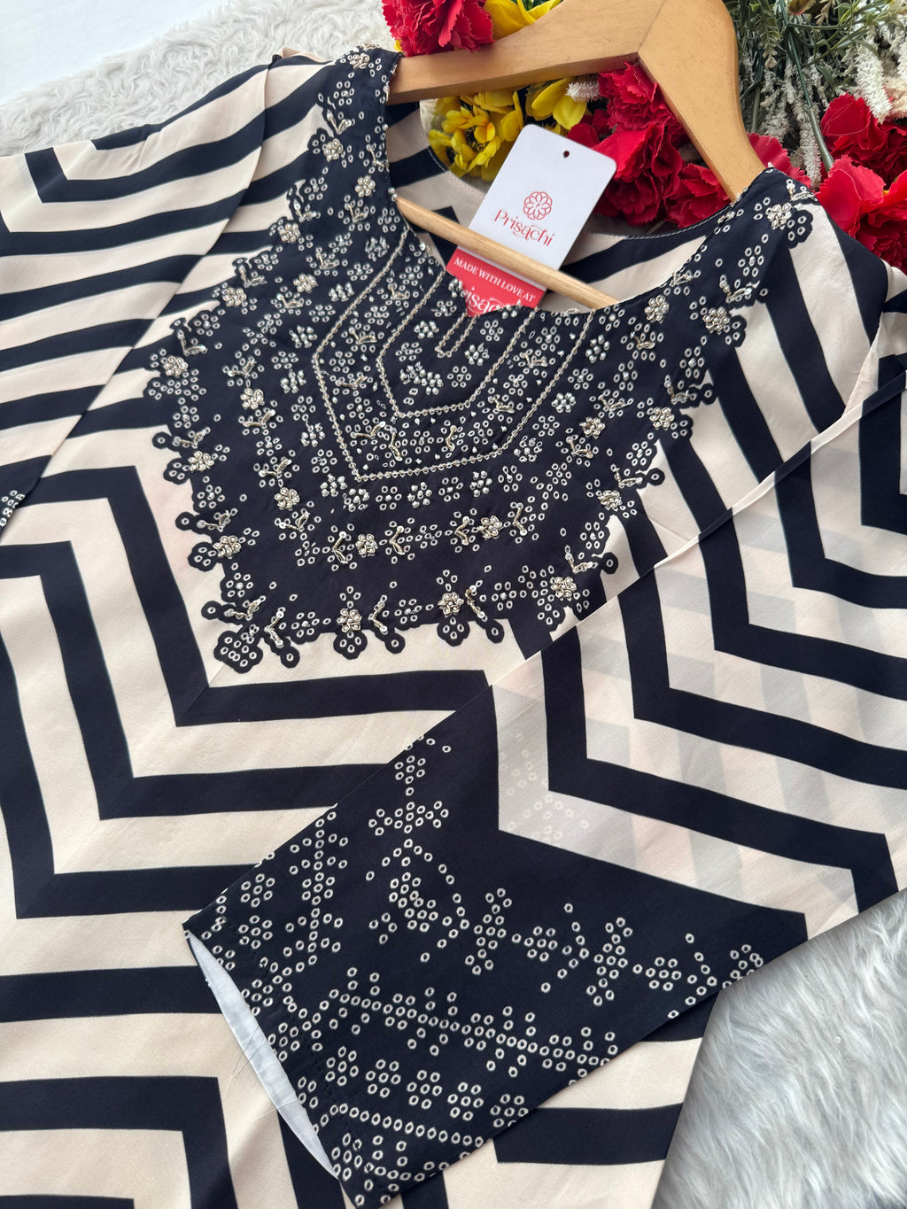 Black Chevron Print Kurta Set with Pants & Dupatta| Embroidered Yoke Ethnic Office & Festive Wear