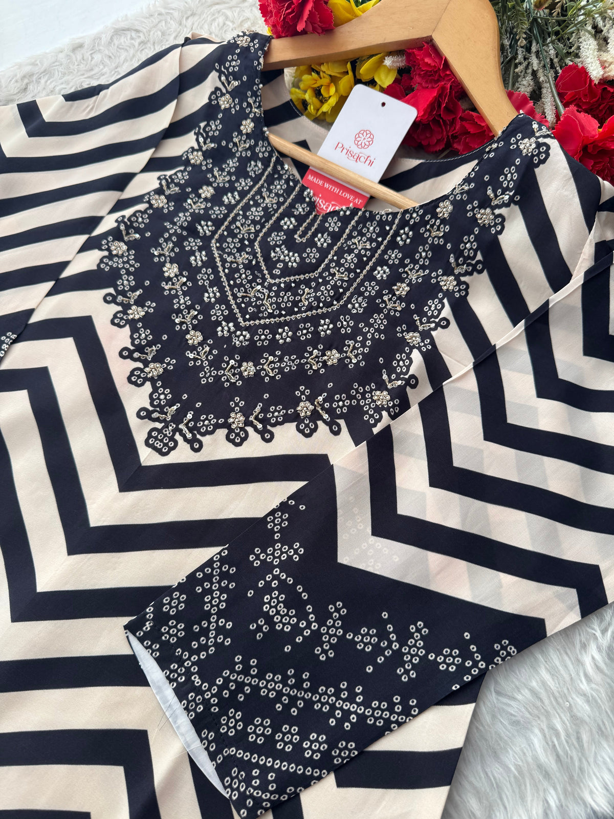 Black Chevron Print Kurta Set with Pants & Dupatta| Embroidered Yoke Ethnic Office & Festive Wear