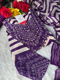 Purple Chevron Print Kurta Set with Pants & Dupatta| Embroidered Yoke Ethnic Office & Festive Wear