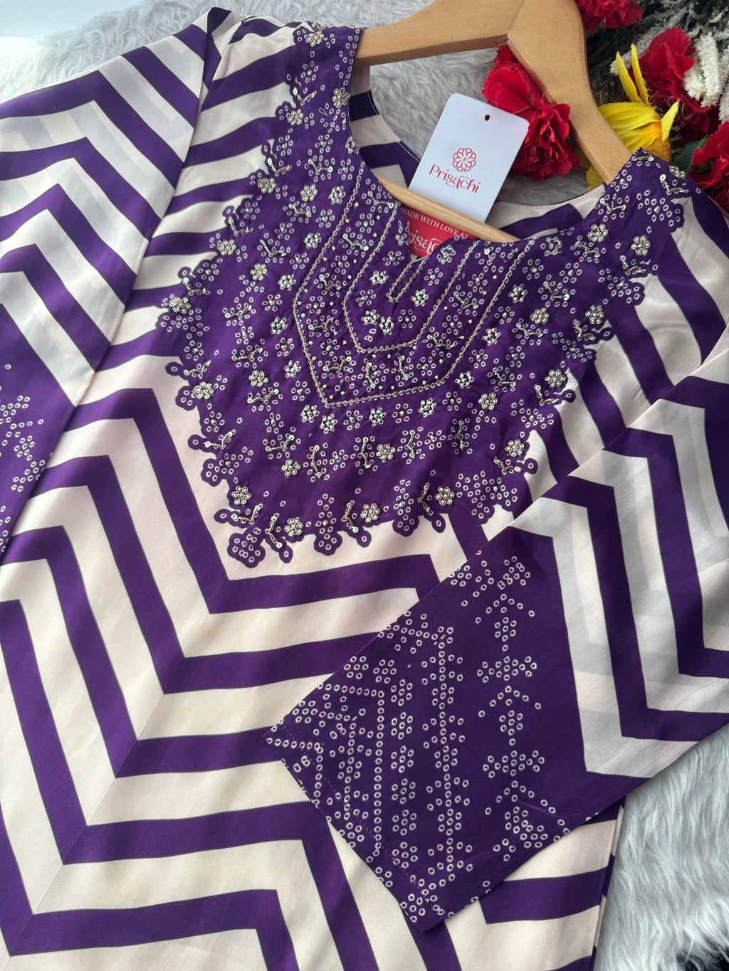 Black Chevron Print Kurta Set with Pants & Dupatta| Embroidered Yoke Ethnic Office & Festive Wear