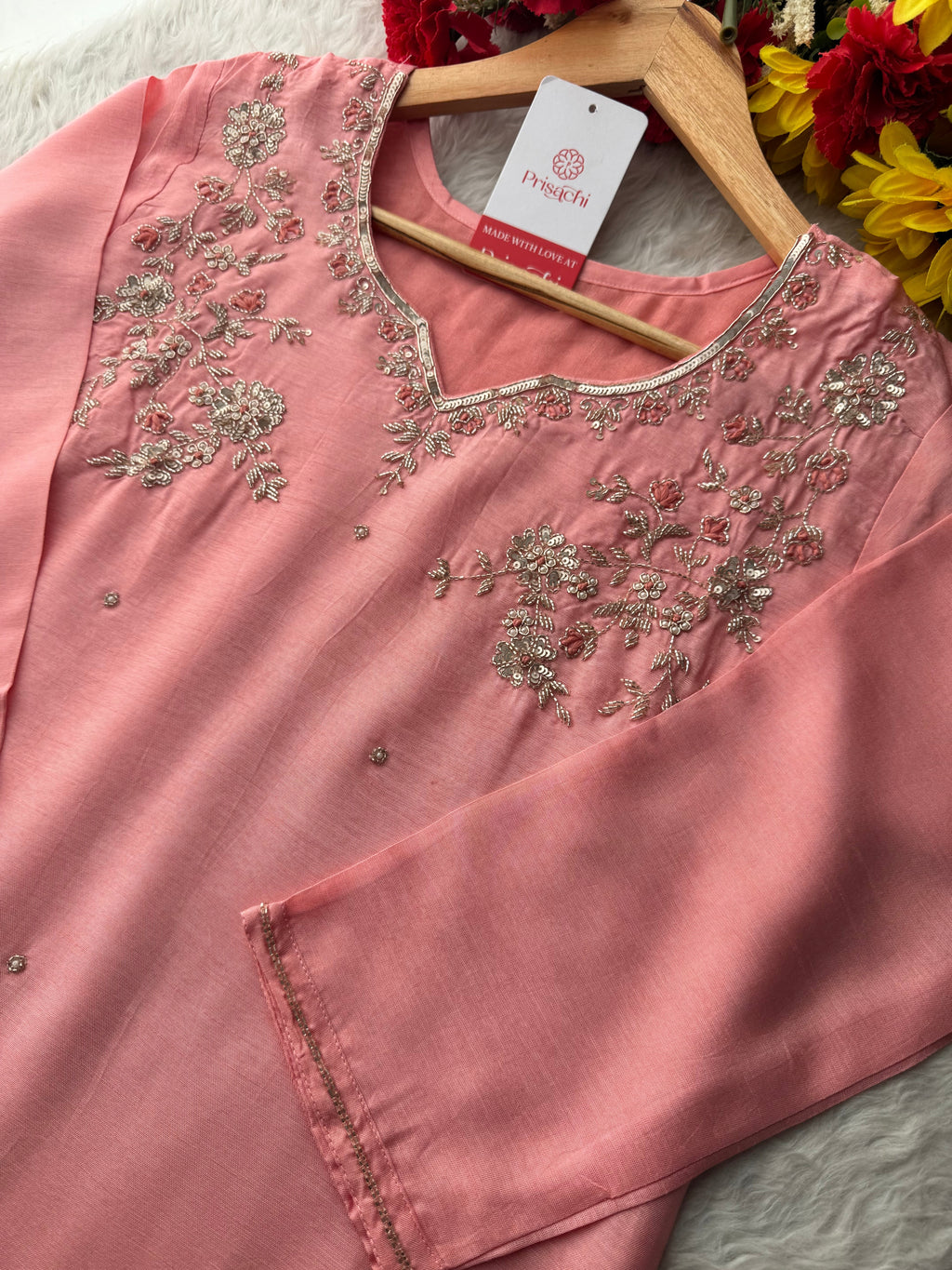 Pink Embroidered Kurta Set with Pants & Dupatta | Floral Handwork Ethnic Suit Set