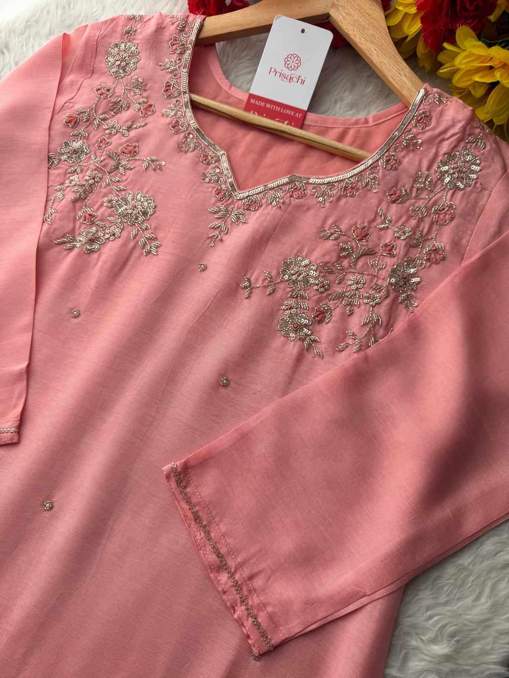 Pink Embroidered Kurta Set with Pants & Dupatta | Floral Handwork Ethnic Suit Set