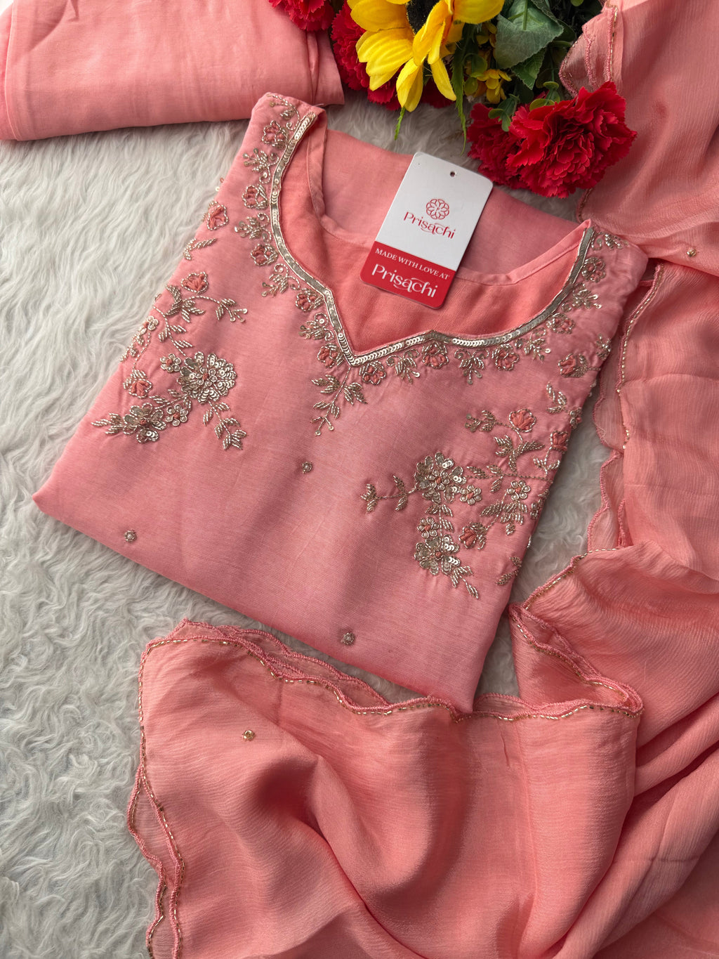 Pink Embroidered Kurta Set with Pants & Dupatta | Floral Handwork Ethnic Suit Set