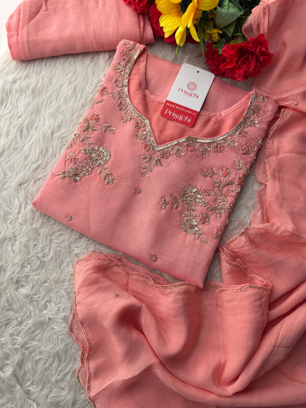 Pink Embroidered Kurta Set with Pants & Dupatta | Floral Handwork Ethnic Suit Set