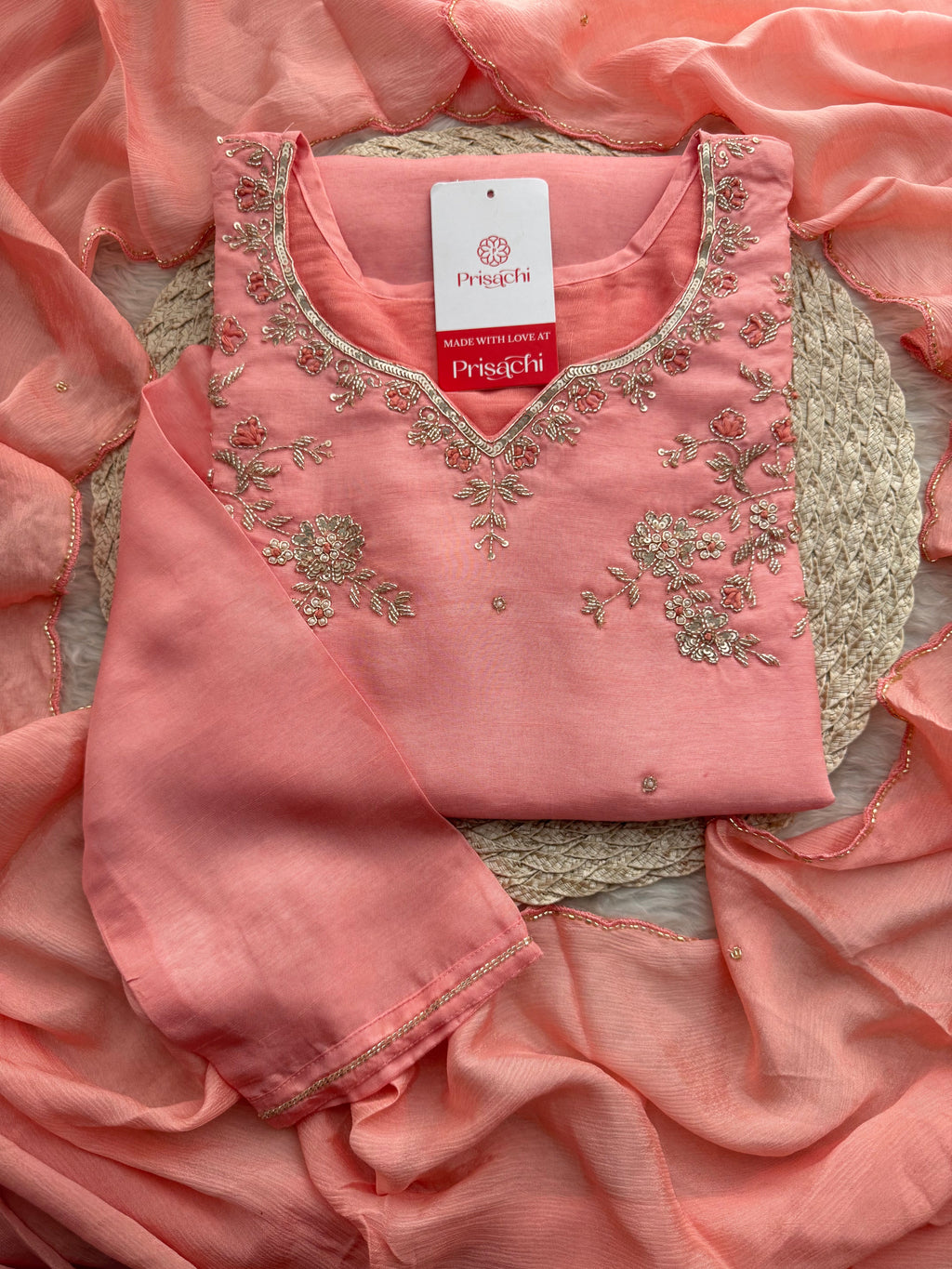 Pink Embroidered Kurta Set with Pants & Dupatta | Floral Handwork Ethnic Suit Set