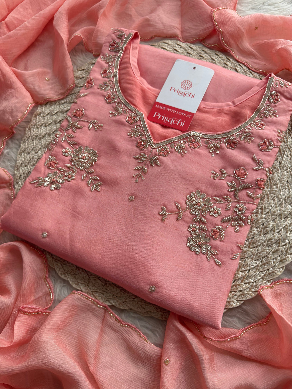 Pink Embroidered Kurta Set with Pants & Dupatta | Floral Handwork Ethnic Suit Set