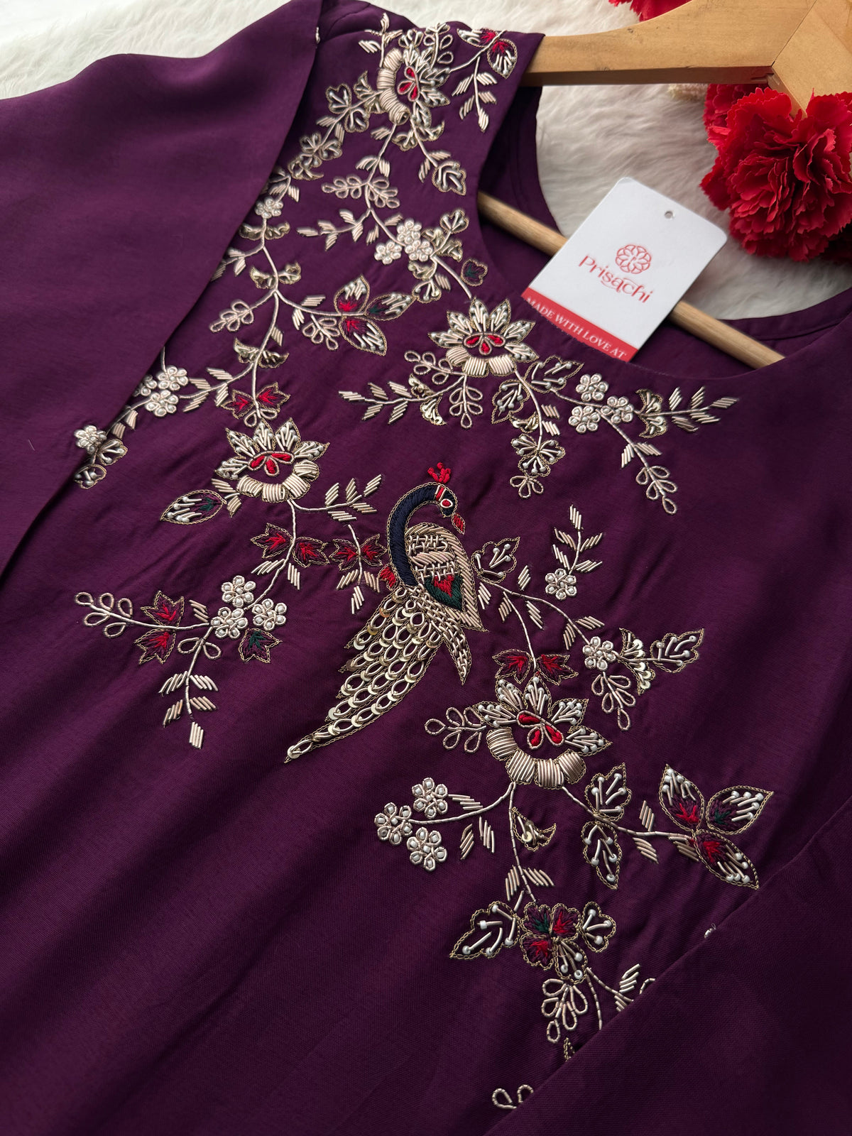 Purple Embroidered Kurta Set with Dupatta & Pants | Zardozi Handwork Ethnic Suit Set
