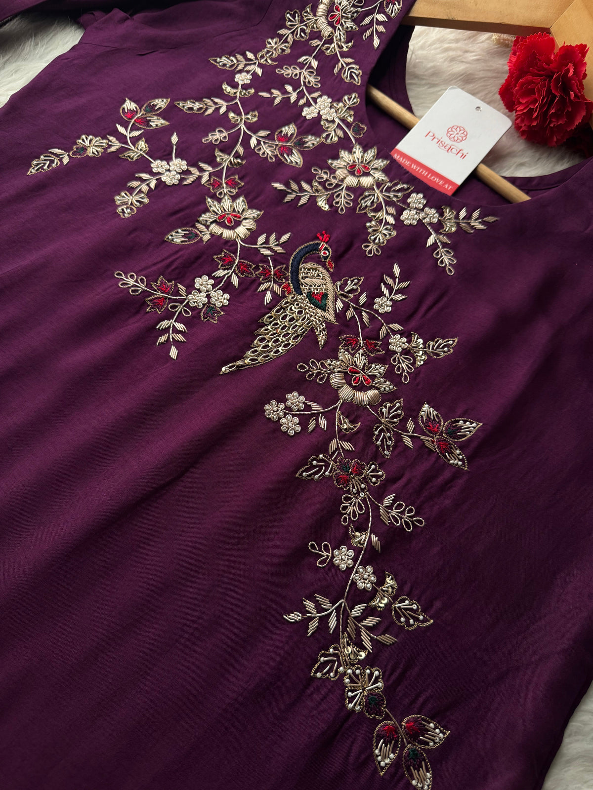 Purple Embroidered Kurta Set with Dupatta & Pants | Zardozi Handwork Ethnic Suit Set