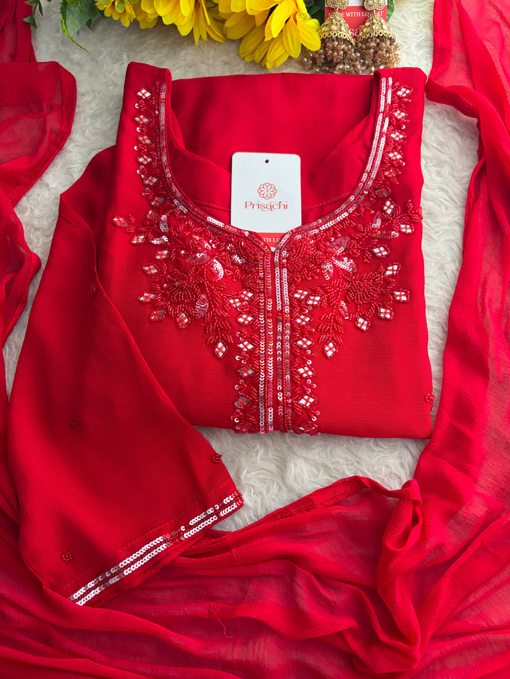 Red Embroidered Kurta Set with Palazzo & Dupatta | Festive and Party Wear Ethnic Sharara Set