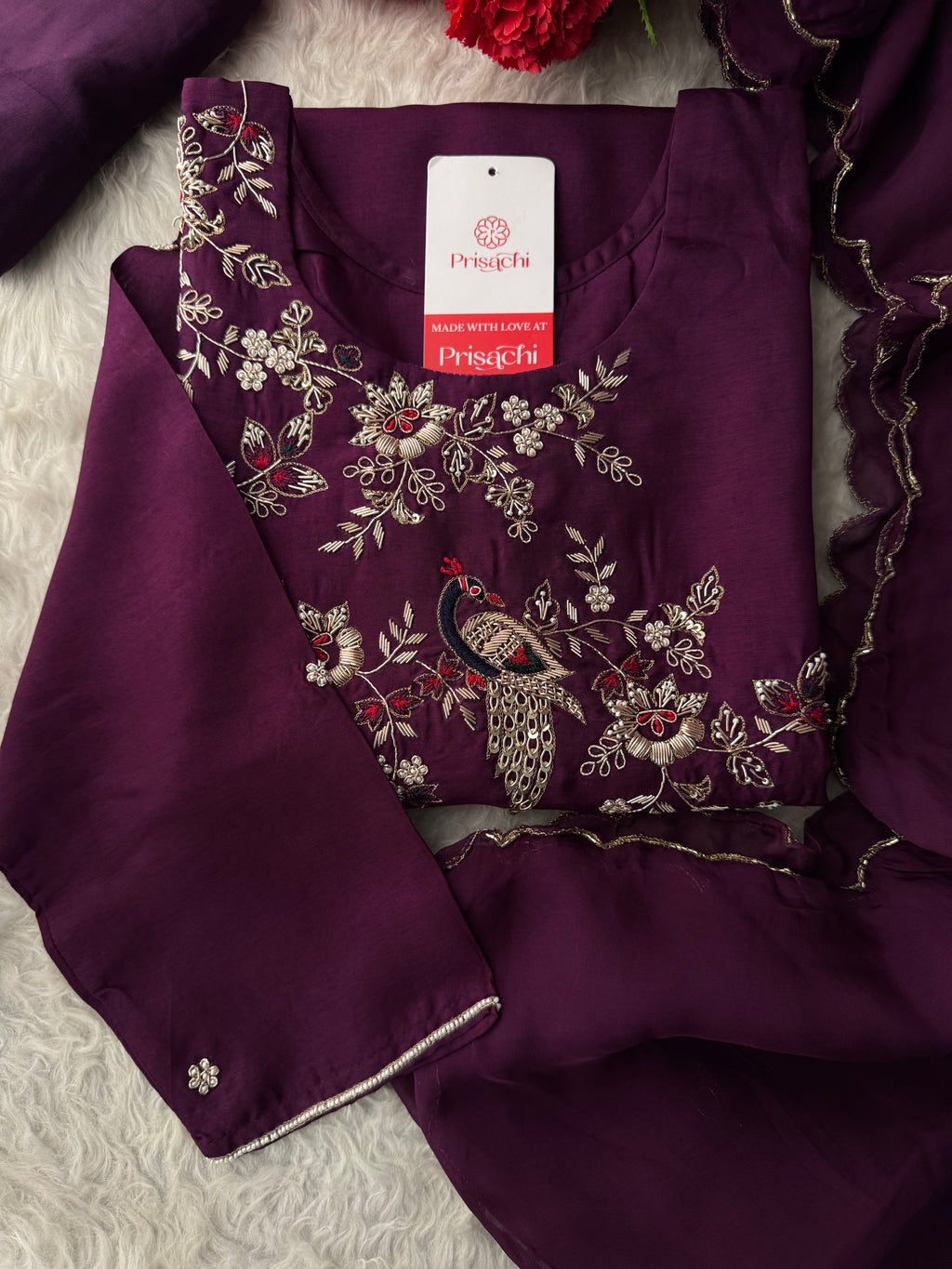 Purple Embroidered Kurta Set with Dupatta & Pants | Zardozi Handwork Ethnic Suit Set