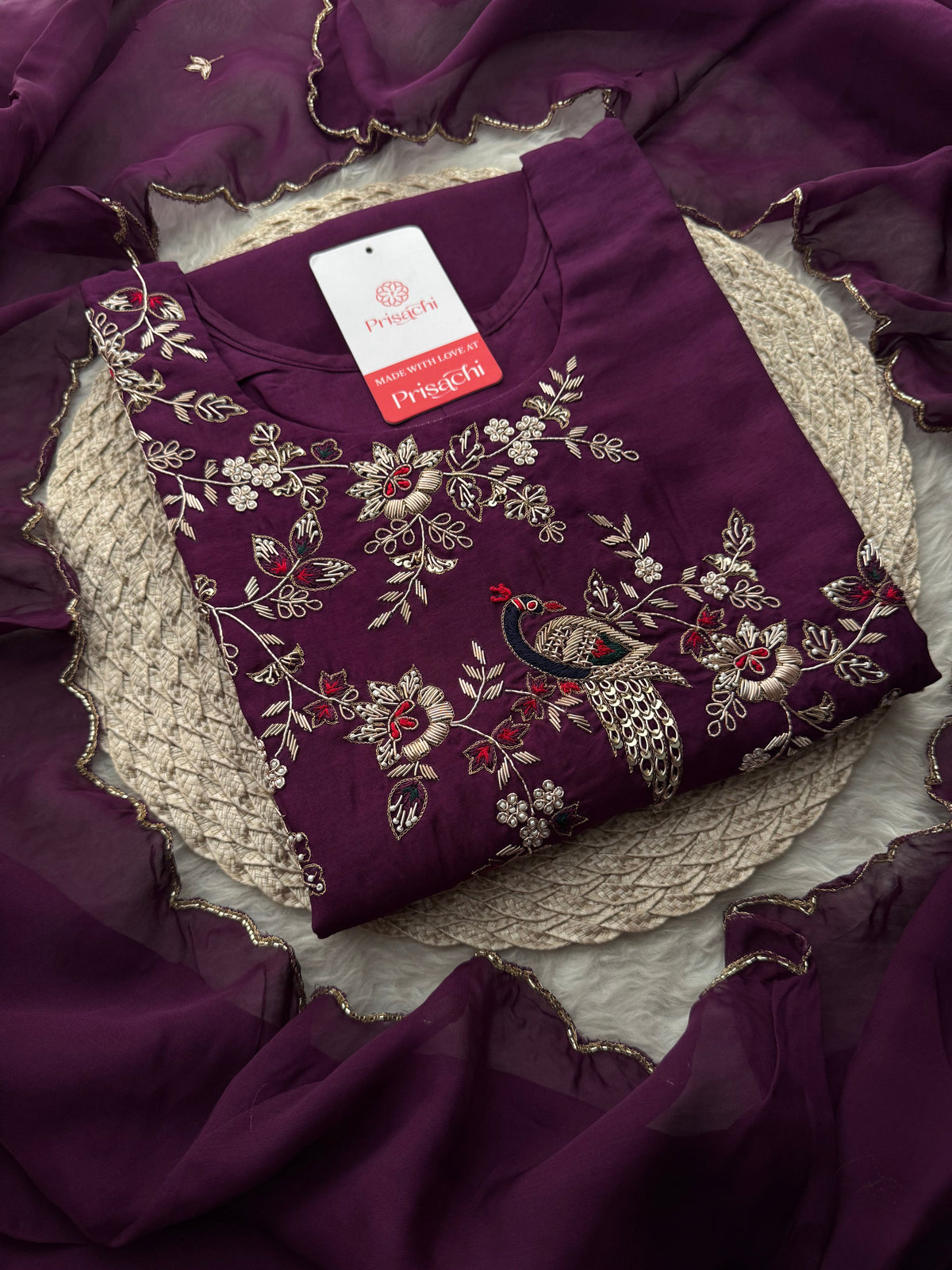 Purple Embroidered Kurta Set with Dupatta & Pants | Zardozi Handwork Ethnic Suit Set