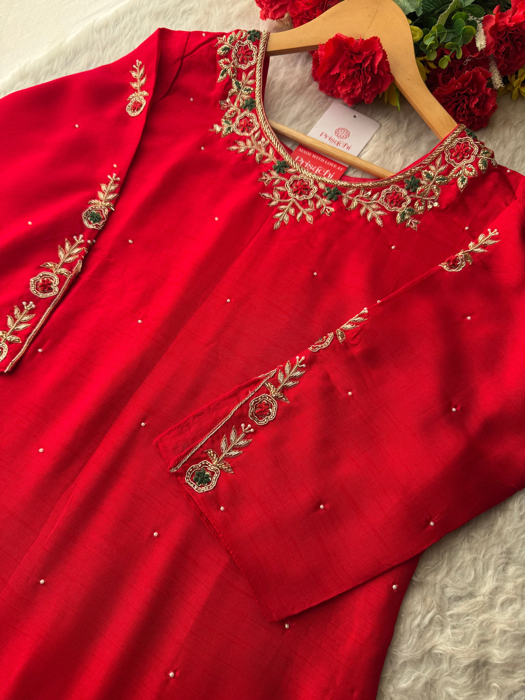 Red Embroidered Kurta Set with Banarasi Dupatta & Pants | Hand Embroidery Ethnic Suit Set