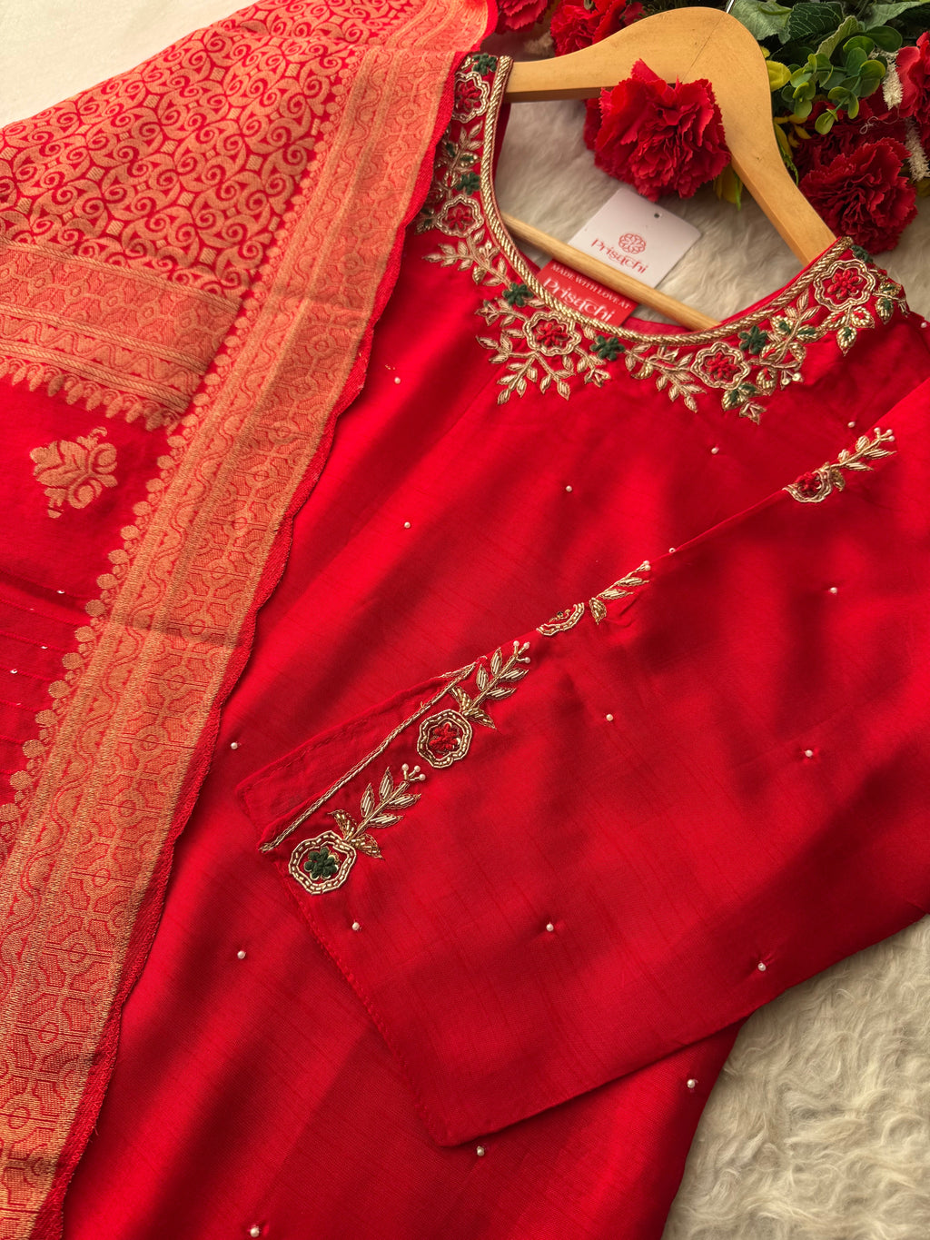 Red Embroidered Kurta Set with Banarasi Dupatta & Pants | Hand Embroidery Ethnic Suit Set