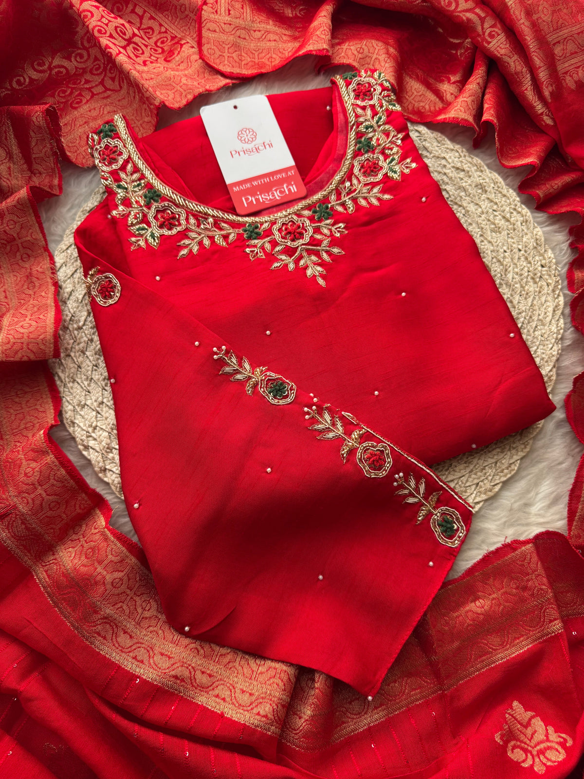 Red Embroidered Kurta Set with Banarasi Dupatta & Pants | Hand Embroidery Ethnic Suit Set