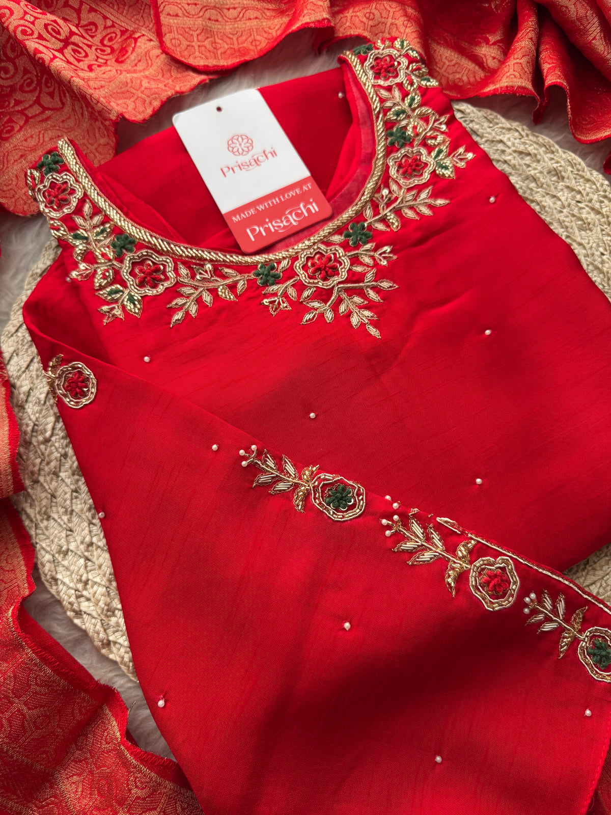 Red Embroidered Kurta Set with Banarasi Dupatta & Pants | Hand Embroidery Ethnic Suit Set