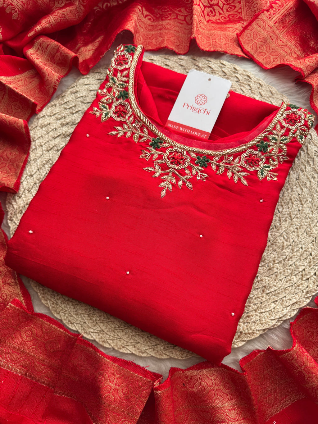 Red Embroidered Kurta Set with Banarasi Dupatta & Pants | Hand Embroidery Ethnic Suit Set