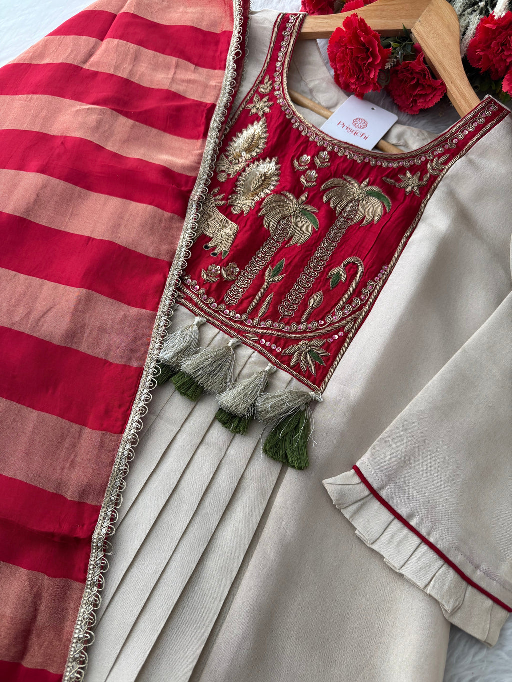 Women Cream Embroidered A-Line Kurta Set with Pants & Red Dupatta | Designer Festive Ethnic Wear Suit Set